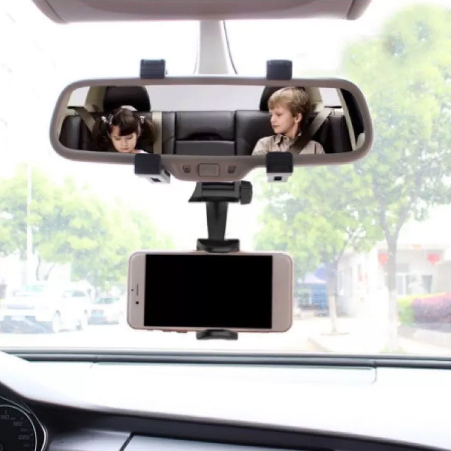 Rear view mirror mobile mount for secure phone placement in cars