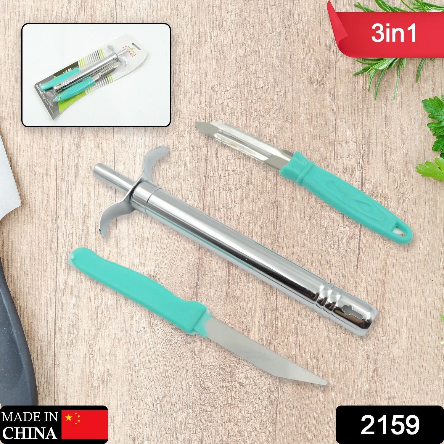 Stainless steel knife with peeler and lighter