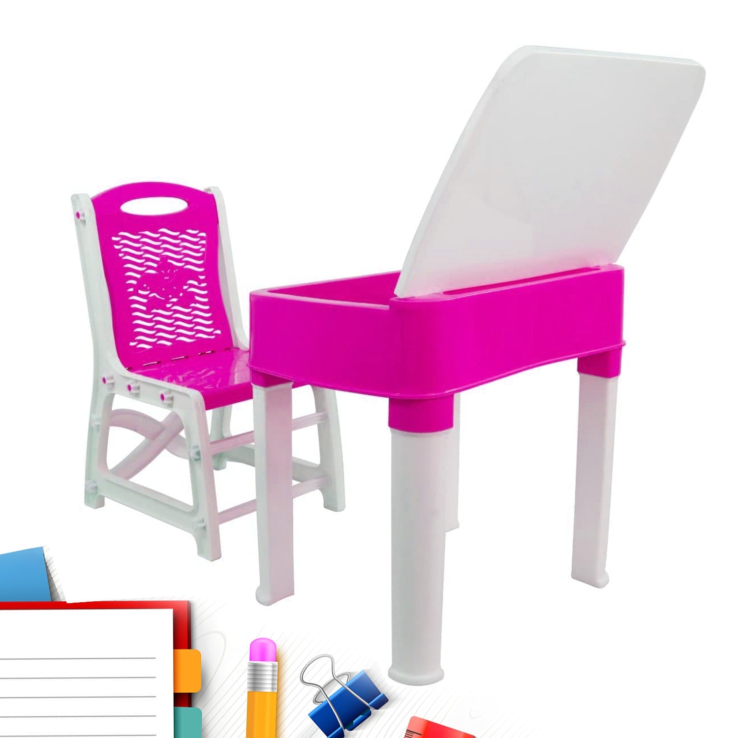 Pink study table and chair set with pencil box, high-quality plastic, designed for kids.