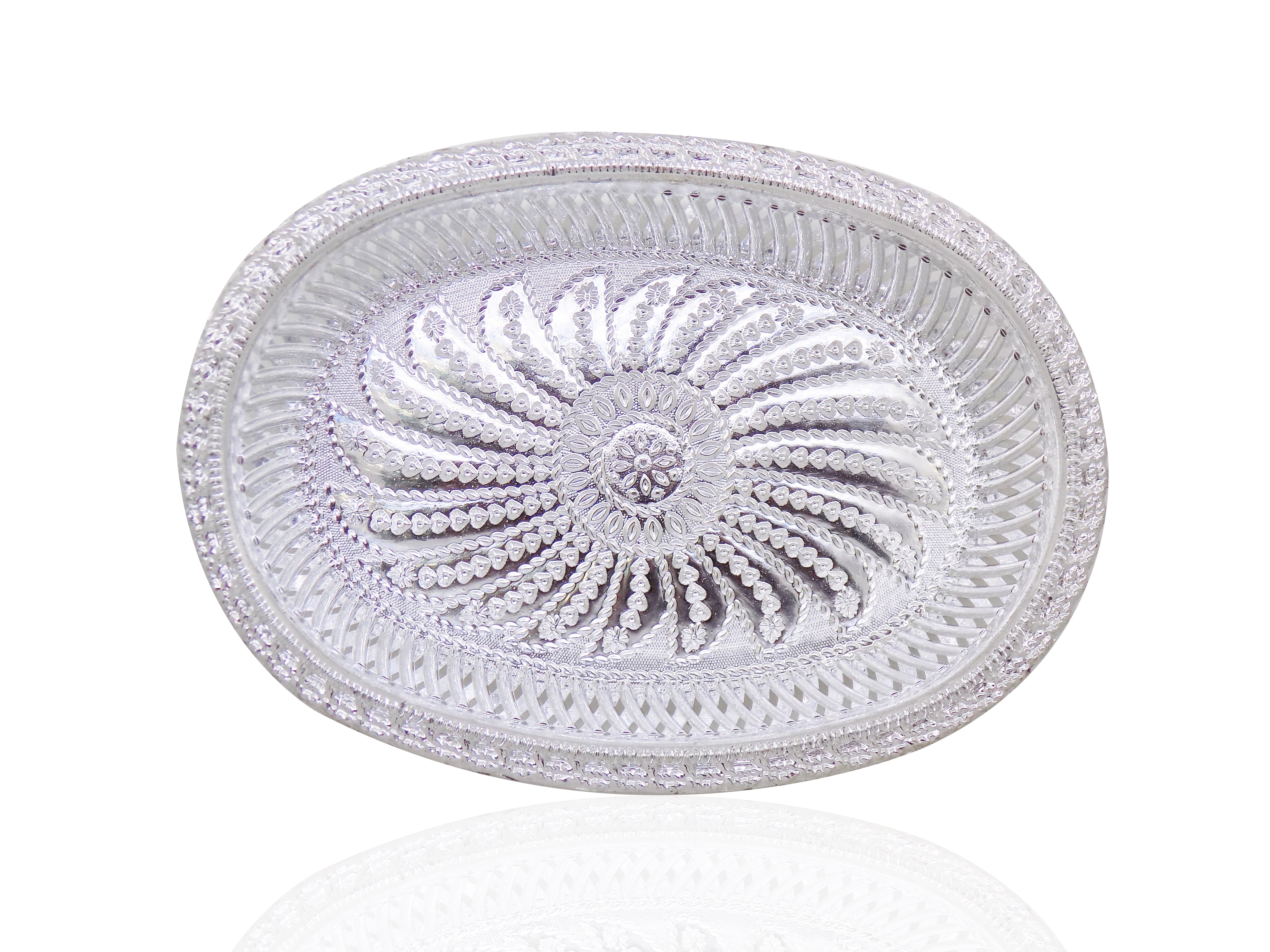 Oval silver serving tray with royal design for upscale presentation.