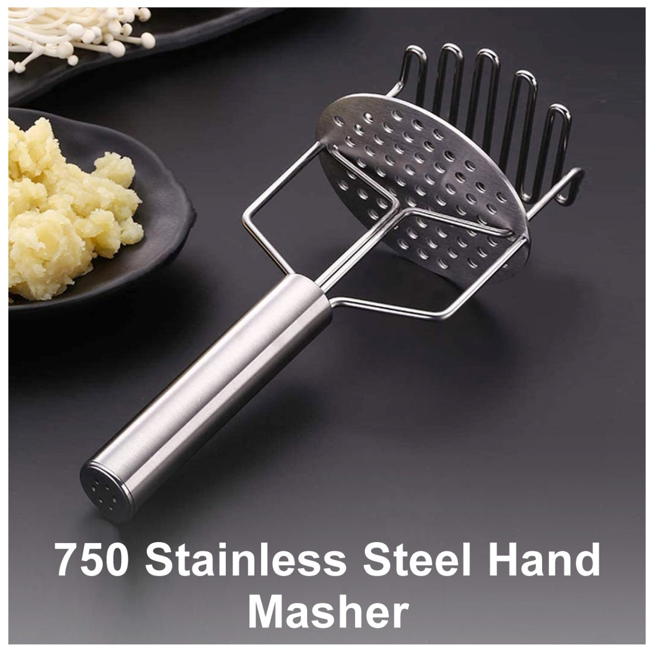 Hand masher for food preparation, made of stainless steel