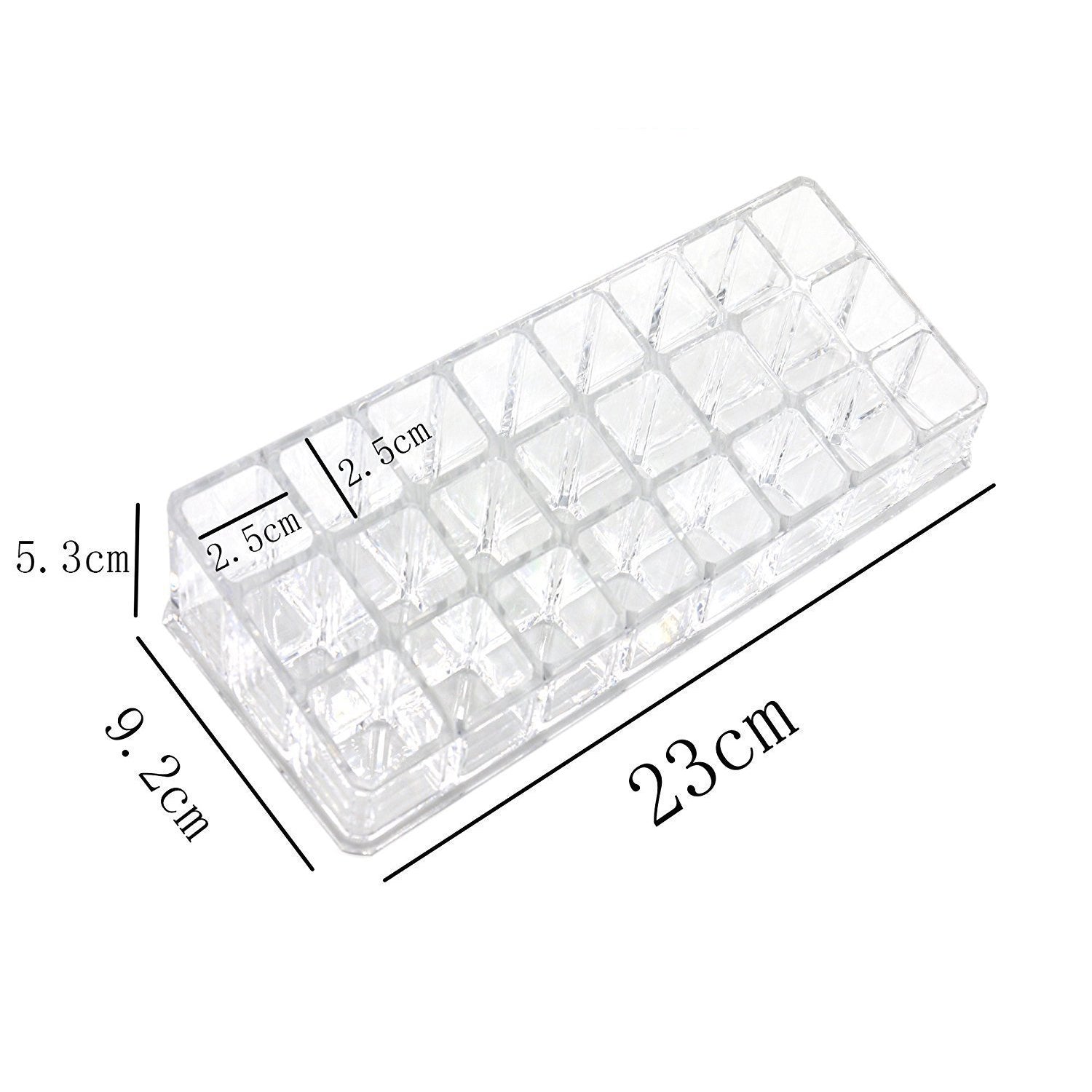 Acrylic lipstick and cosmetics organizer with multiple sections, displaying its functionality