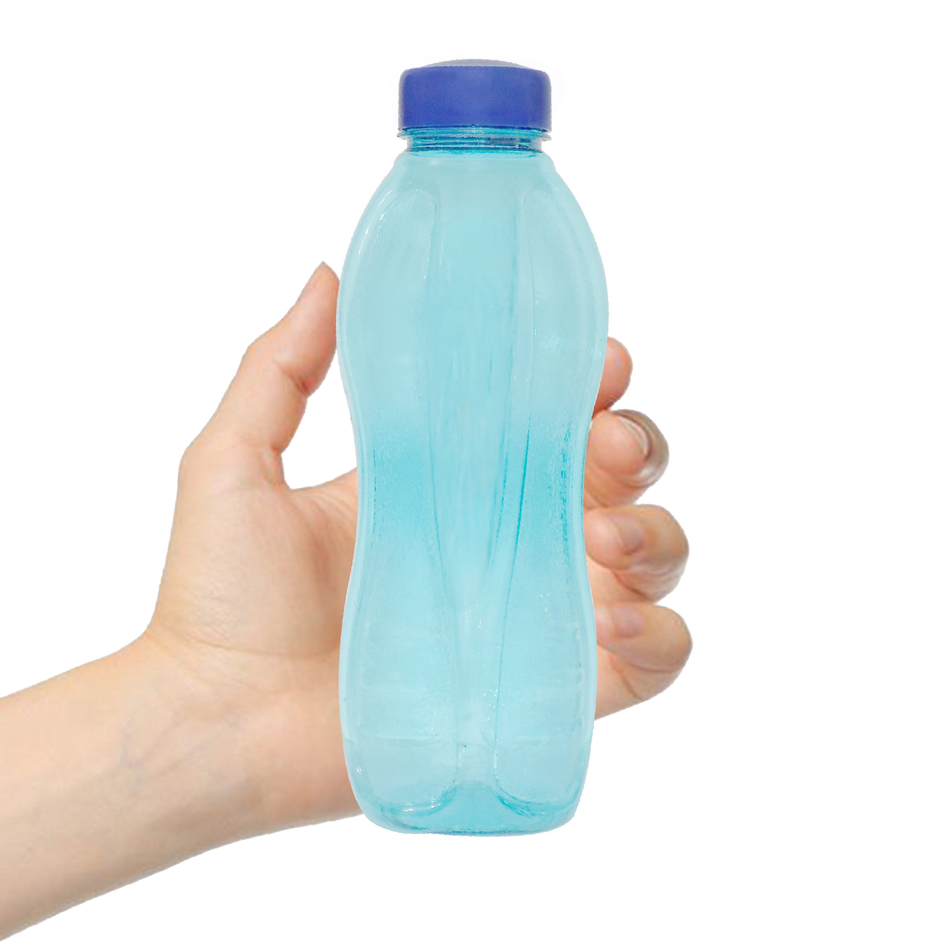 Plastic water bottle with a simple, clear design.