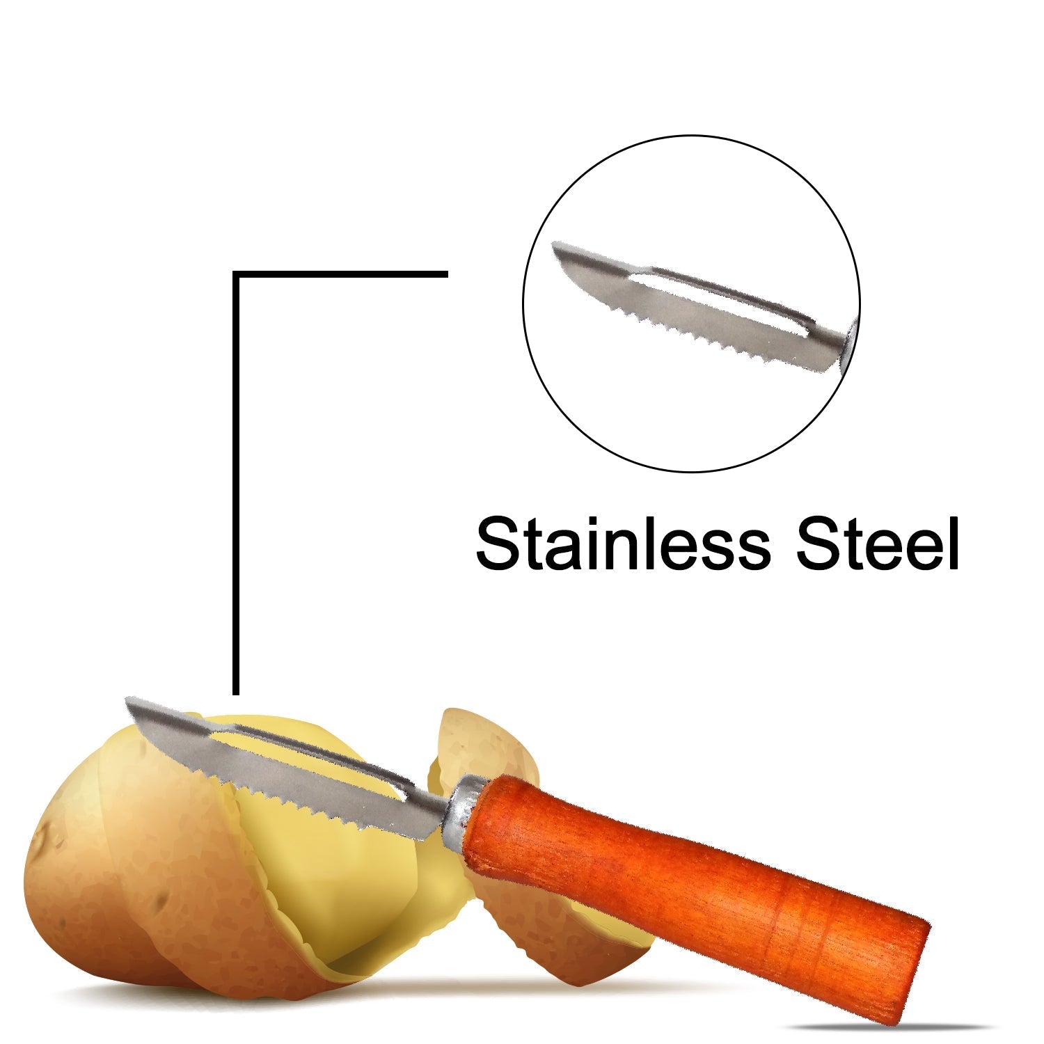 Stainless steel peeler for vegetables, wooden handle