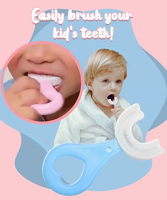 U-shaped toothbrush for kids with a clear, vibrant design and effective bristle placement.