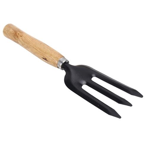 Steel weeding fork with black grip.